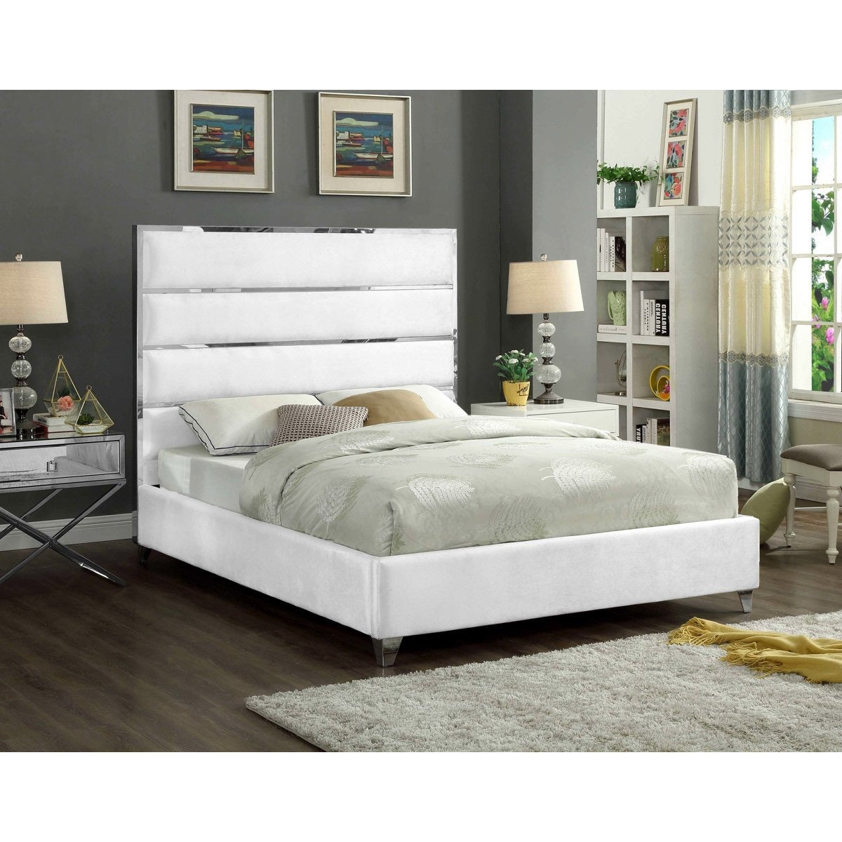 Meridian Furniture Zuma White Velvet Full Bed-Minimal & Modern