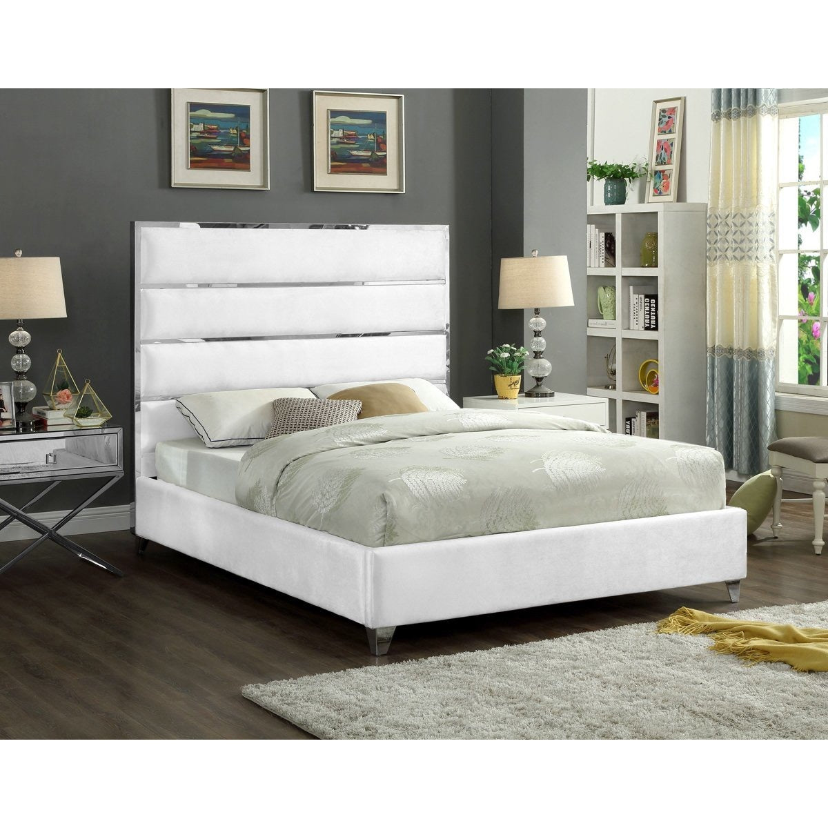 Meridian Furniture Zuma White Velvet Queen Bed-Minimal & Modern