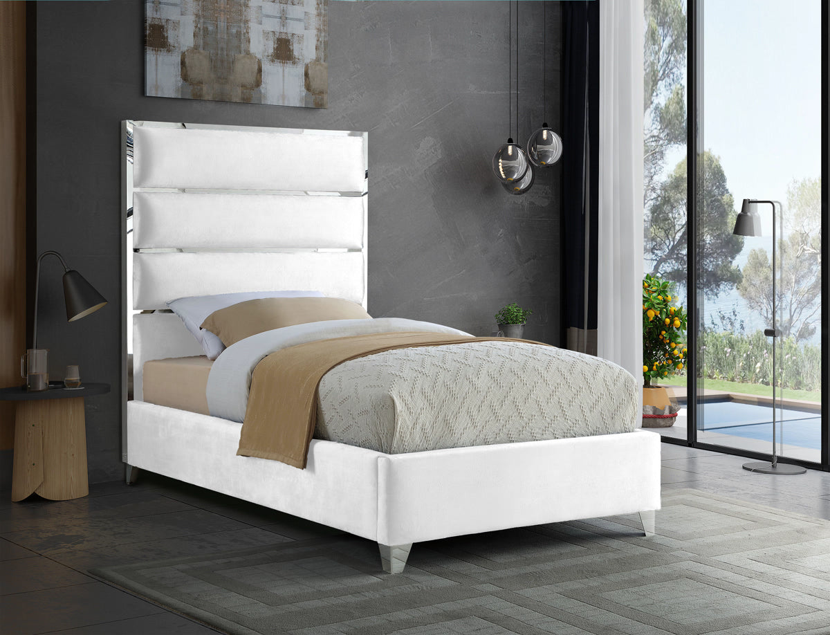 Meridian Furniture Zuma White Velvet Twin Bed