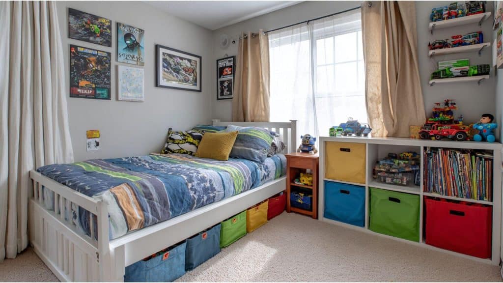 Corner-Set Bed with Storage Bins