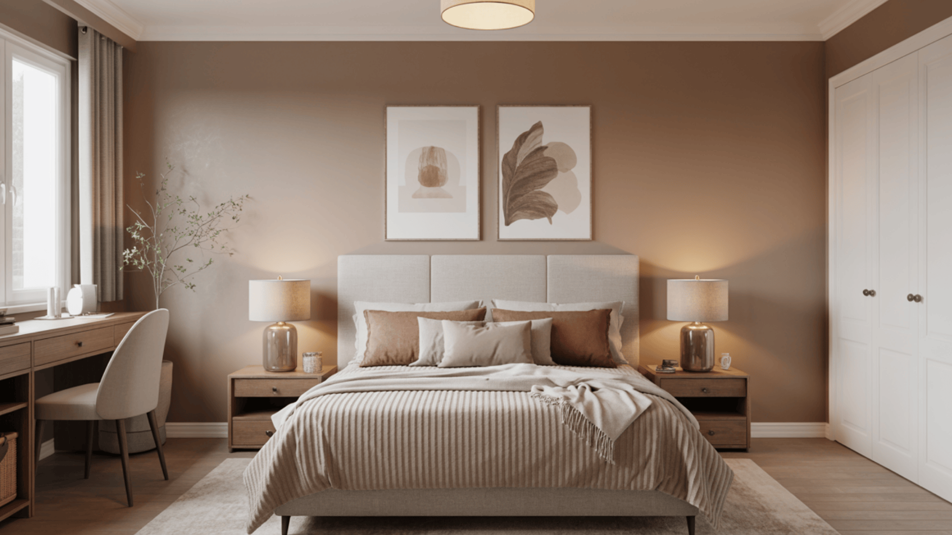 A cozy bedroom with a beige bed, brown pillows, and two framed artworks. Soft lighting from bedside lamps enhances the warm decor.