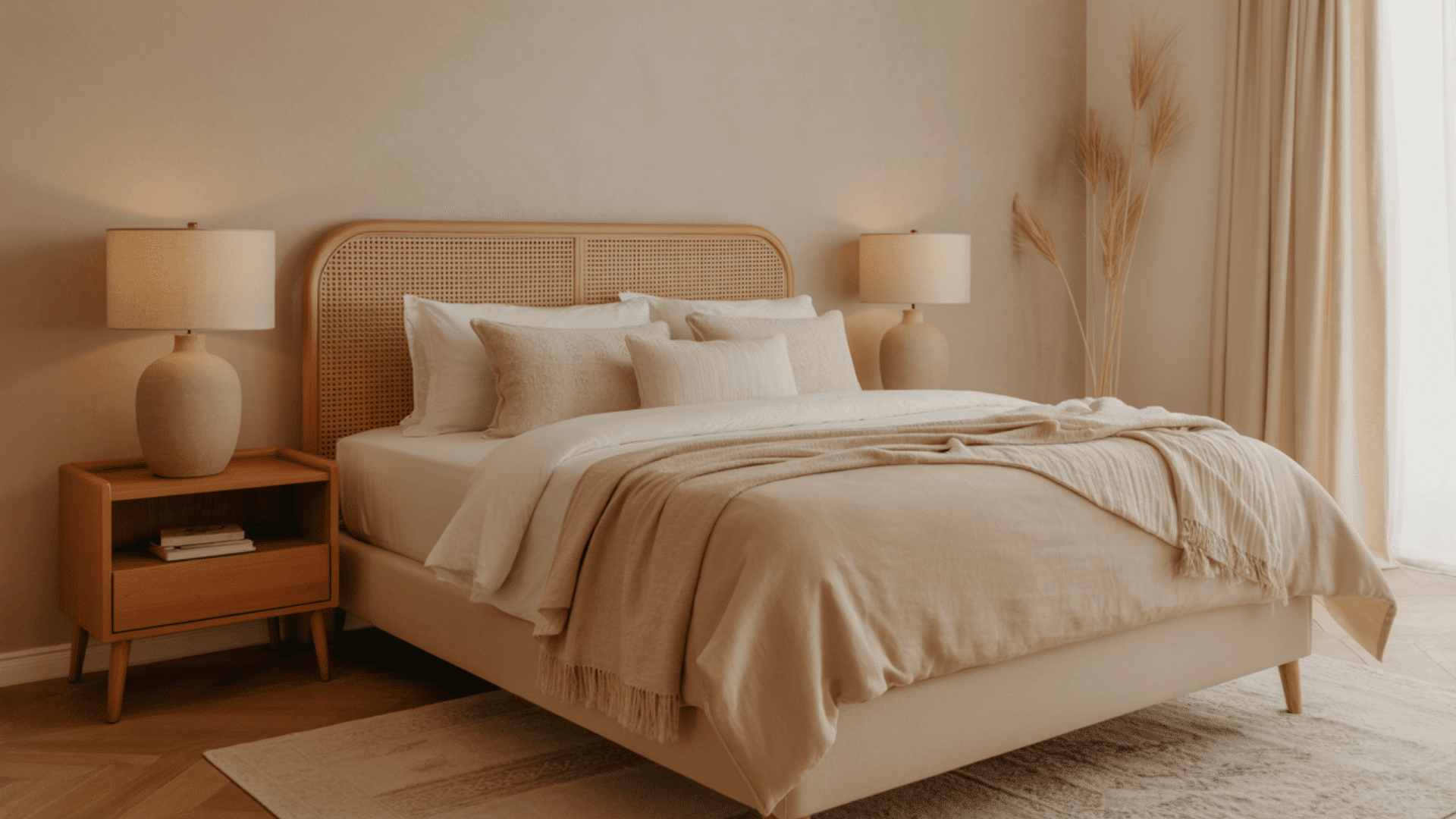 A cozy bedroom with a beige bed, two lamps, and a wooden nightstand, creating a warm, inviting atmosphere.
