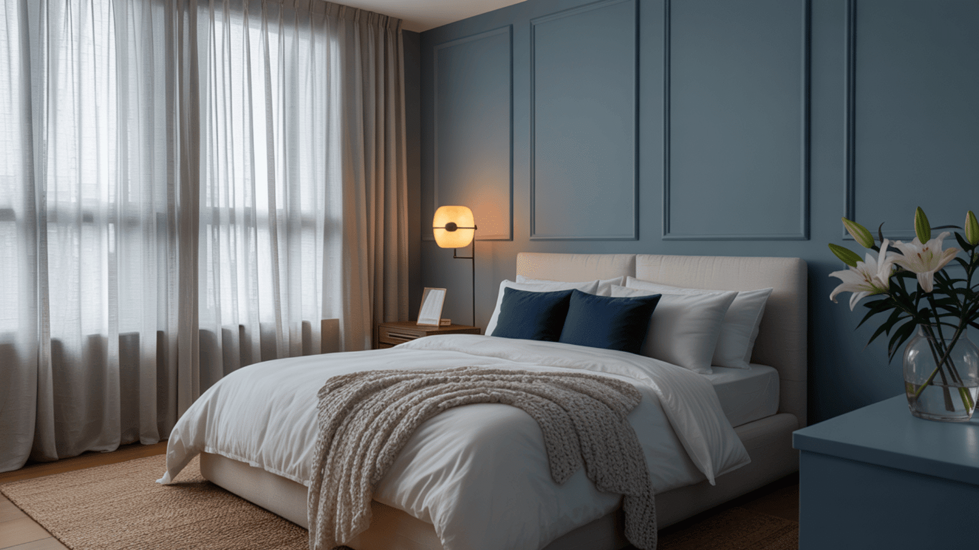 A cozy bedroom with a blue wall, soft lighting, white bed, navy pillows, knit throw, sheer curtains, and lilies in a vase.