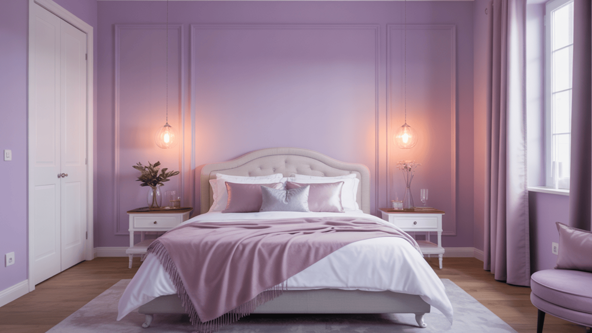 A cozy bedroom with a lavender theme, featuring a plush bed, soft lighting, and elegant decor, creating a serene ambiance.