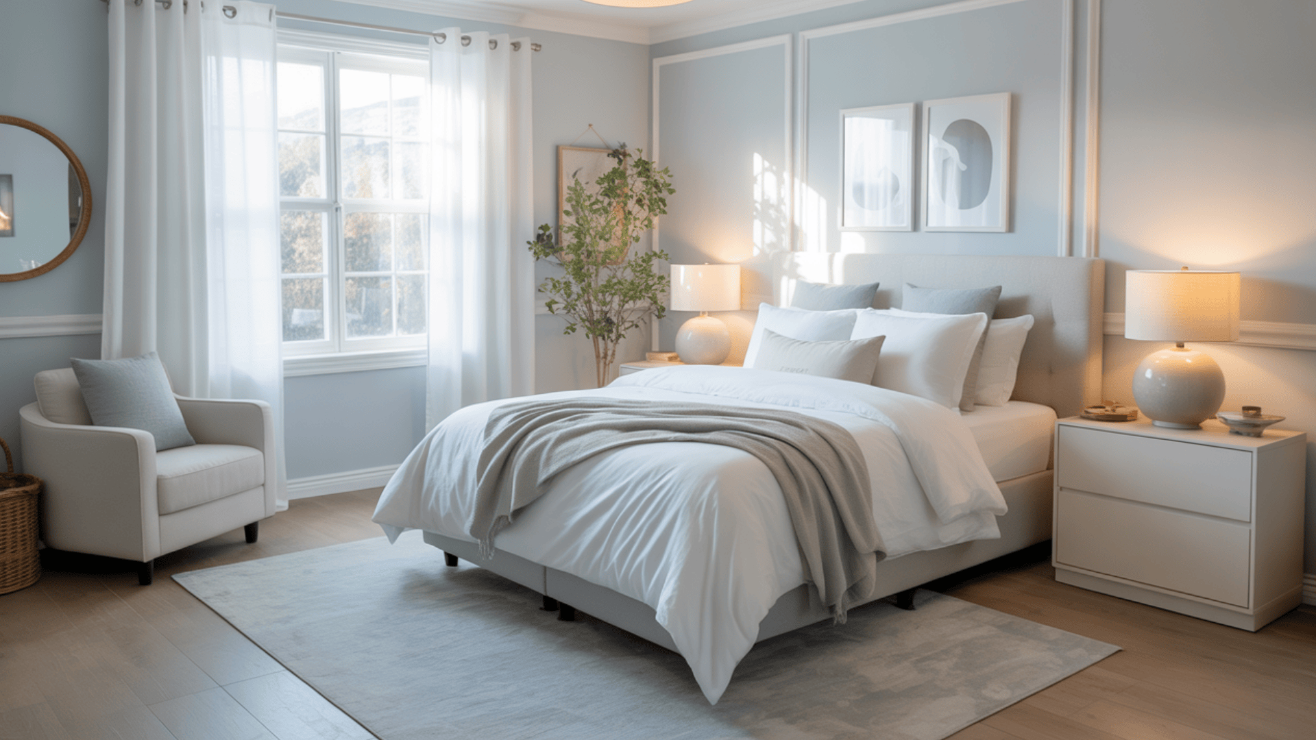 A cozy bedroom with a plush bed, soft gray accents, and warm lighting, featuring a large window and a comfy armchair.