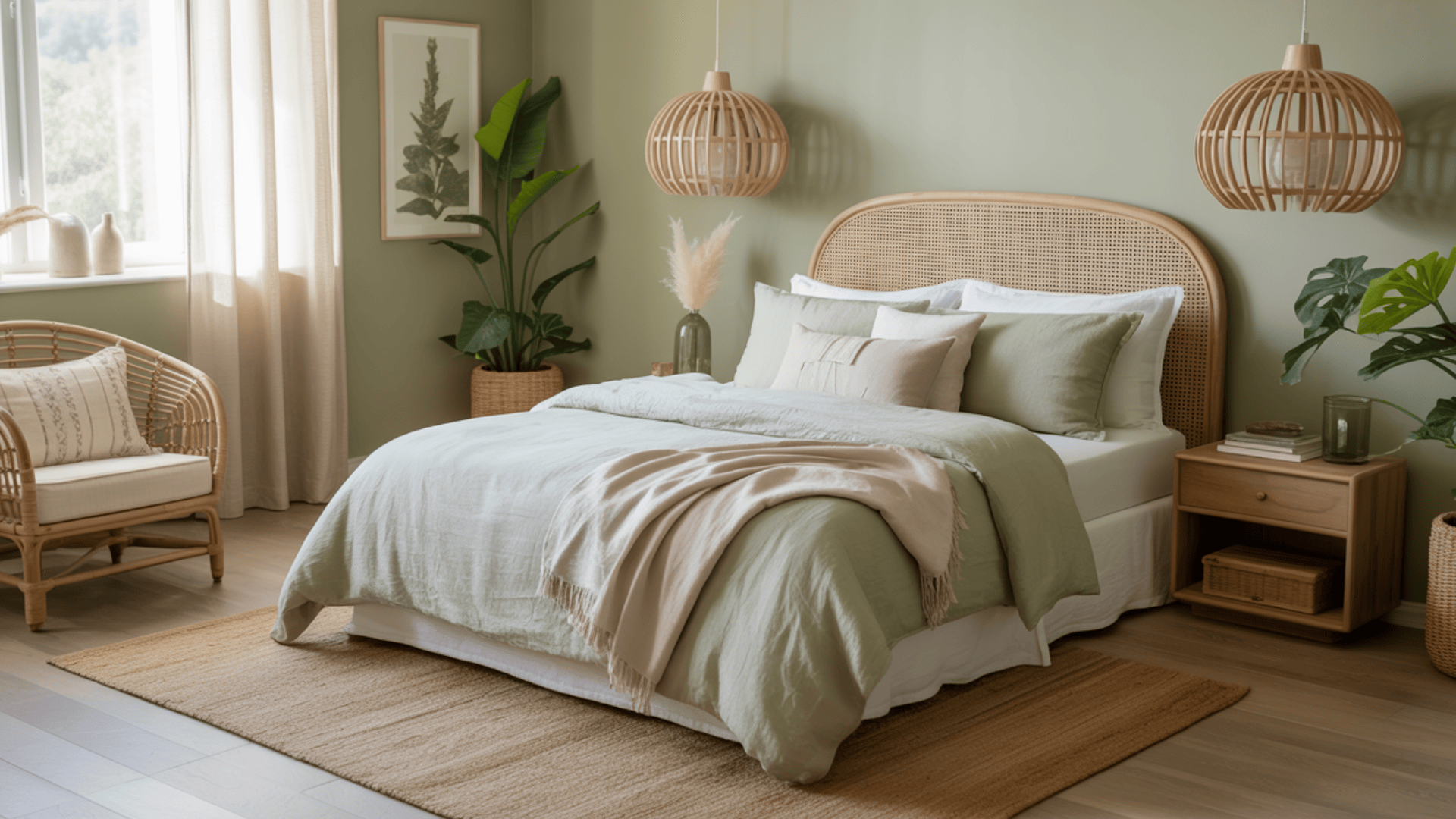 A cozy bedroom with a rattan bed, green bedding, wicker lamps, and plants, creating a serene, natural atmosphere.