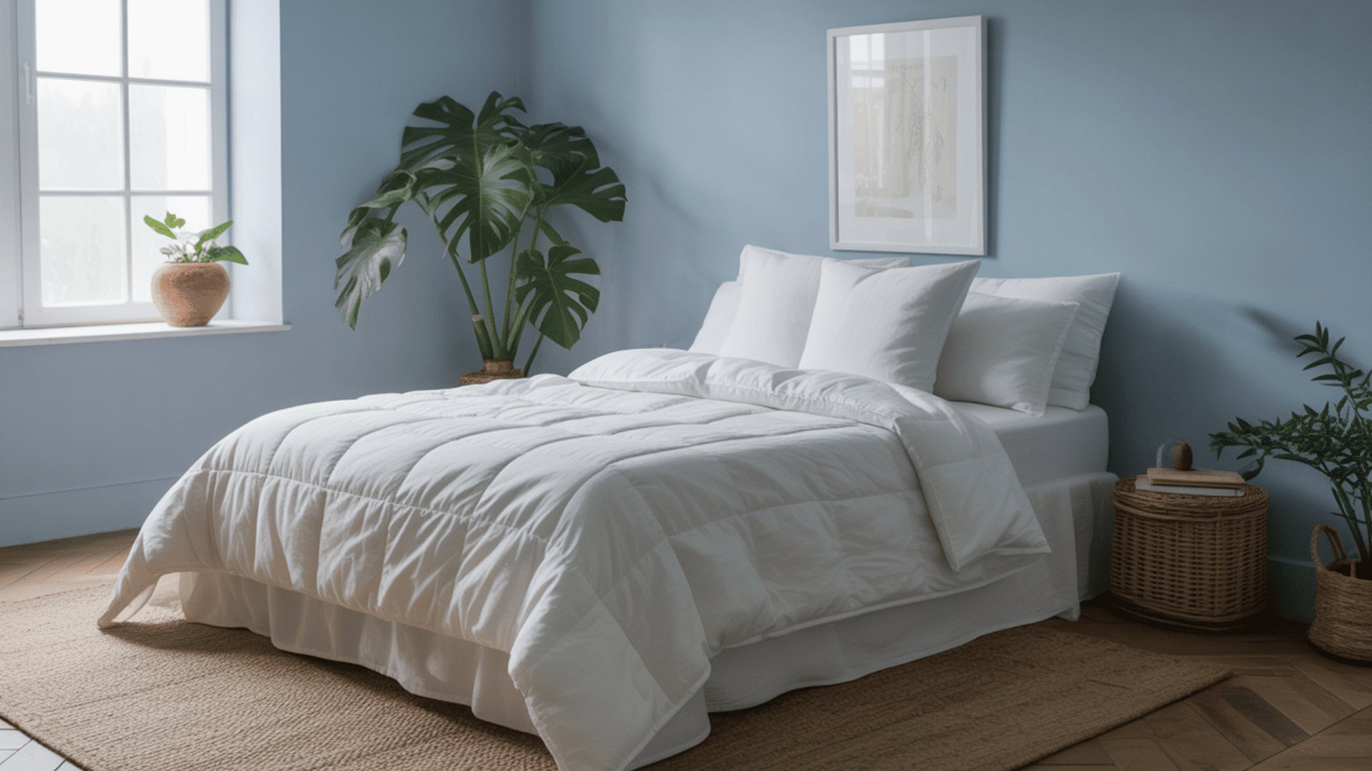 A cozy bedroom with a white bed, blue walls, large plant, and window light. A wicker basket and rug add warmth to the space.
