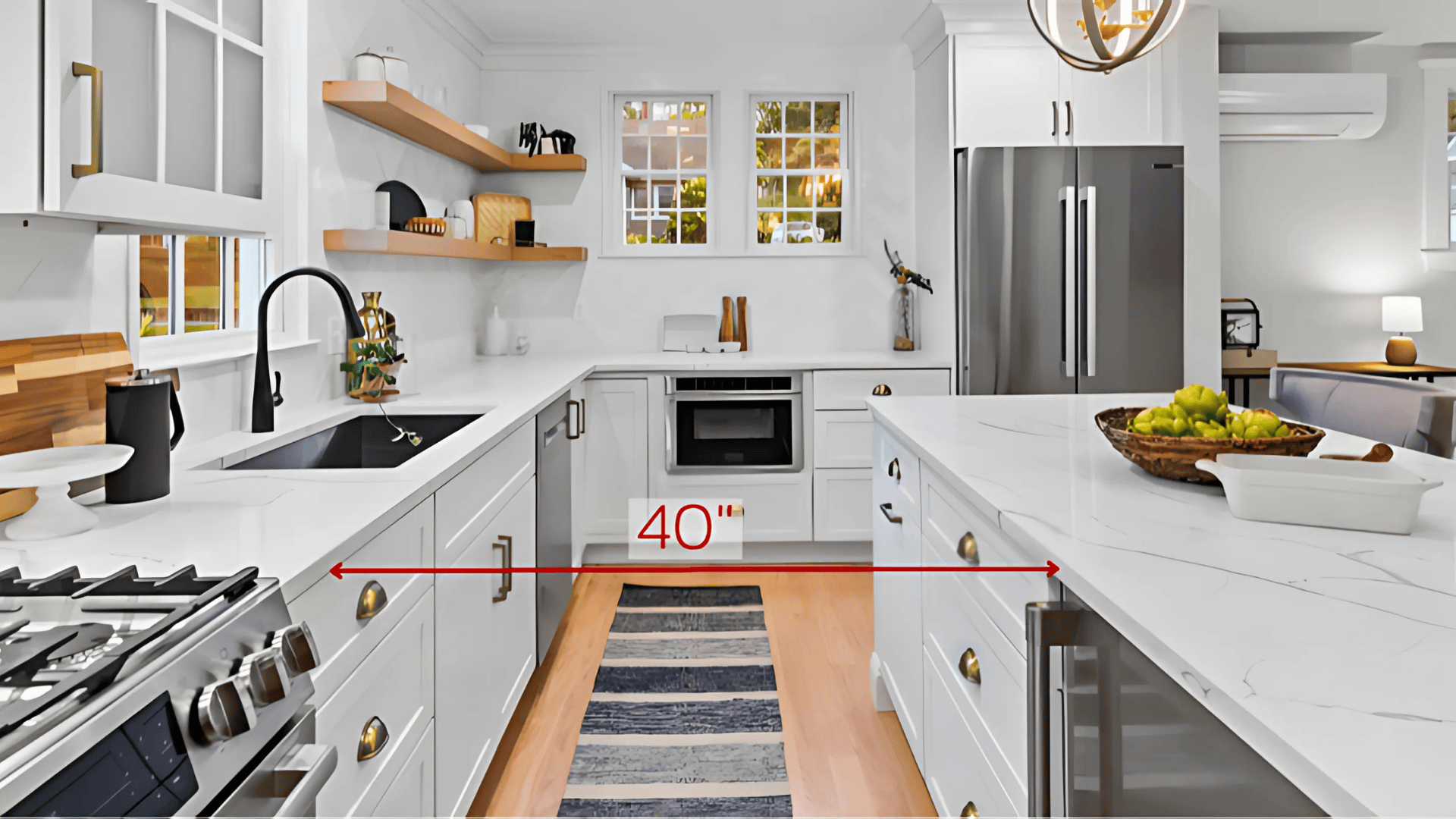 A kitchen featuring a measuring tape laid out on the counter, emphasizing precision in cooking or renovation tasks.