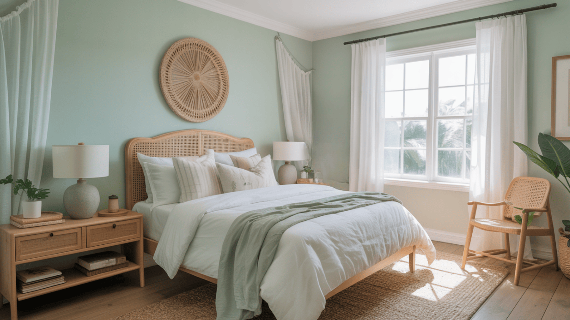 A serene bedroom with a mint green wall, wicker bed, and sunlit window. Natural decor and soft lighting create a cozy ambiance.