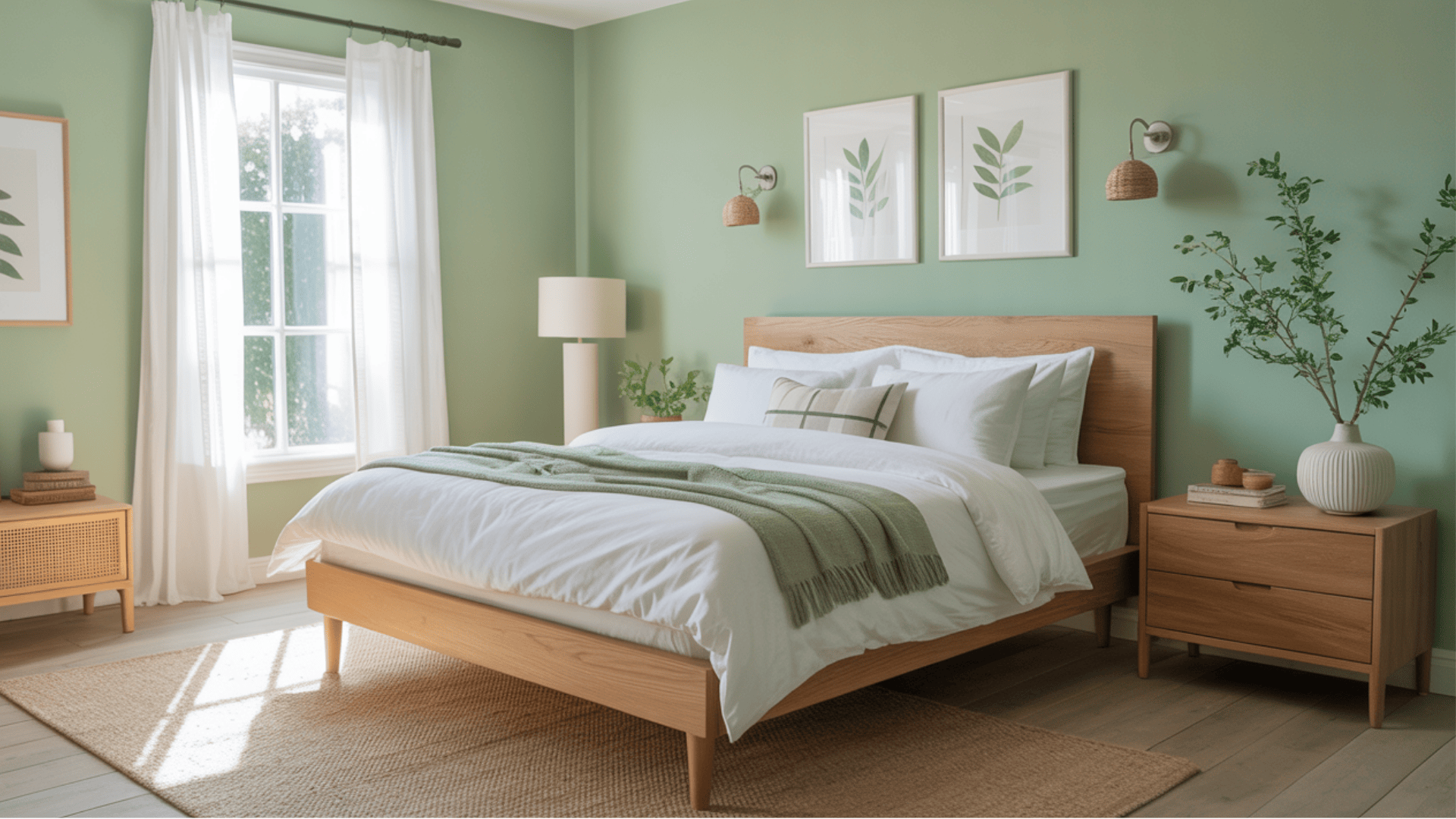 A serene bedroom with a wooden bed, green walls, and leafy decor. Sunlight streams through a window with white curtains.