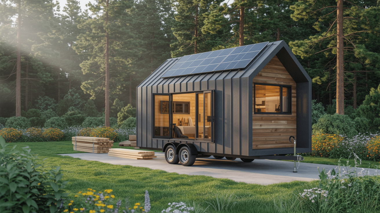 A small house featuring solar panels installed on the roof, showcasing sustainable living and energy efficiency.