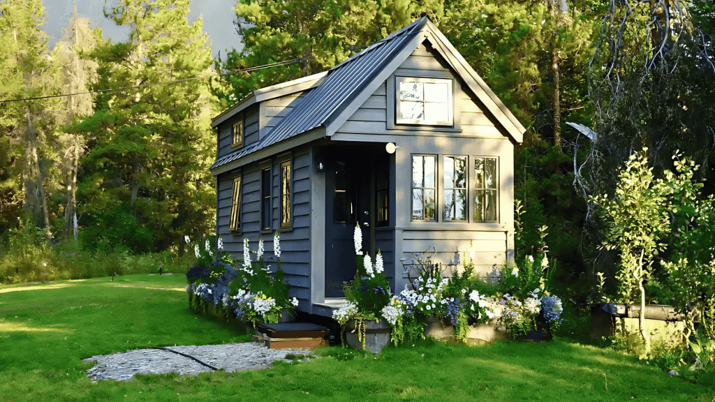 A small house nestled in the woods, surrounded by a vibrant garden of flowers and greenery.