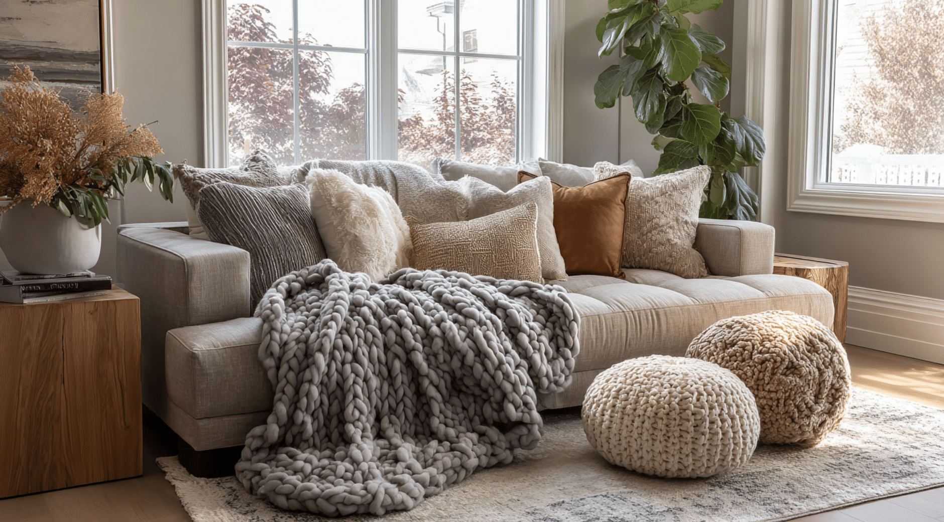 Cozy living room with a beige sofa, textured pillows, chunky knit blanket, poufs, and a potted plant by large windows