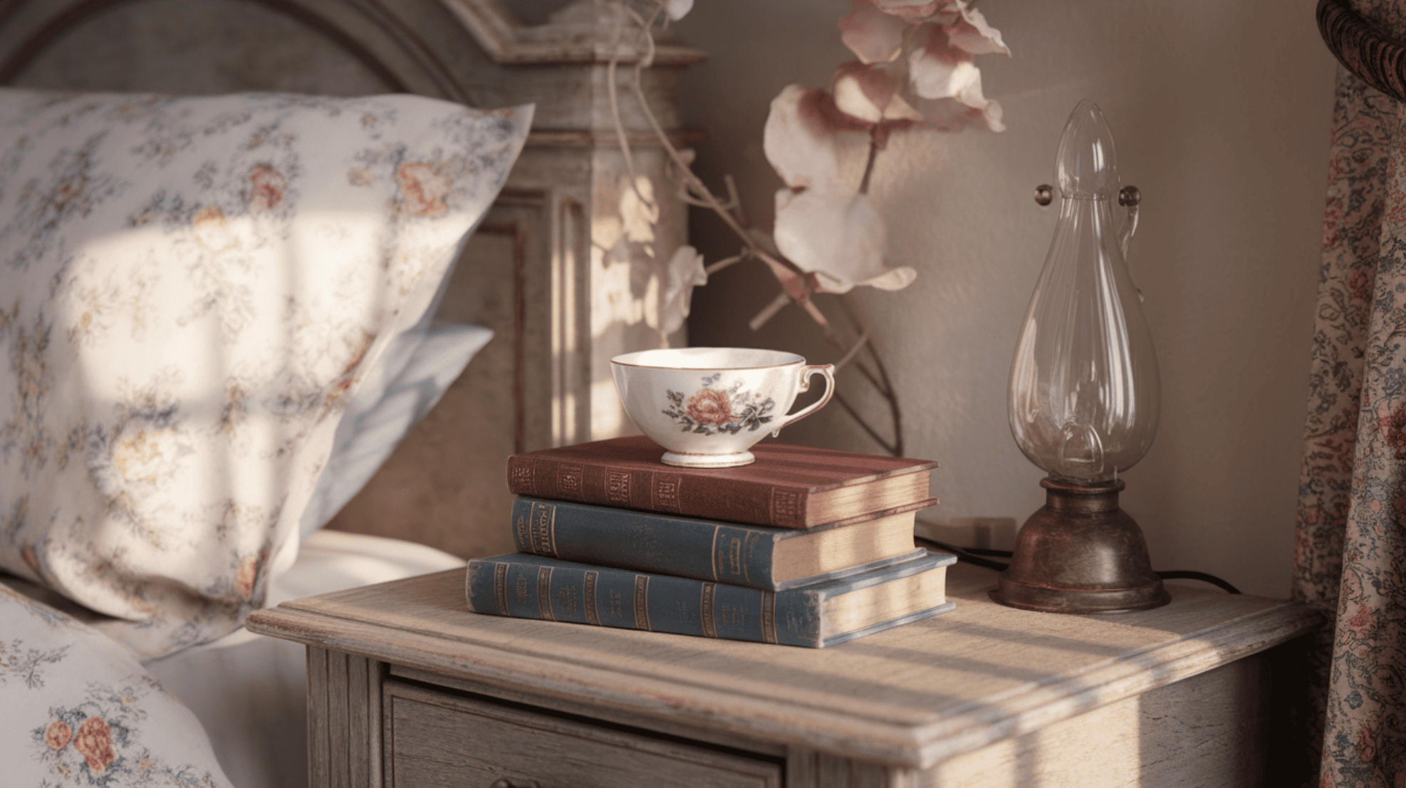 Bedside Table With Stacked Books and Oil Lamp
