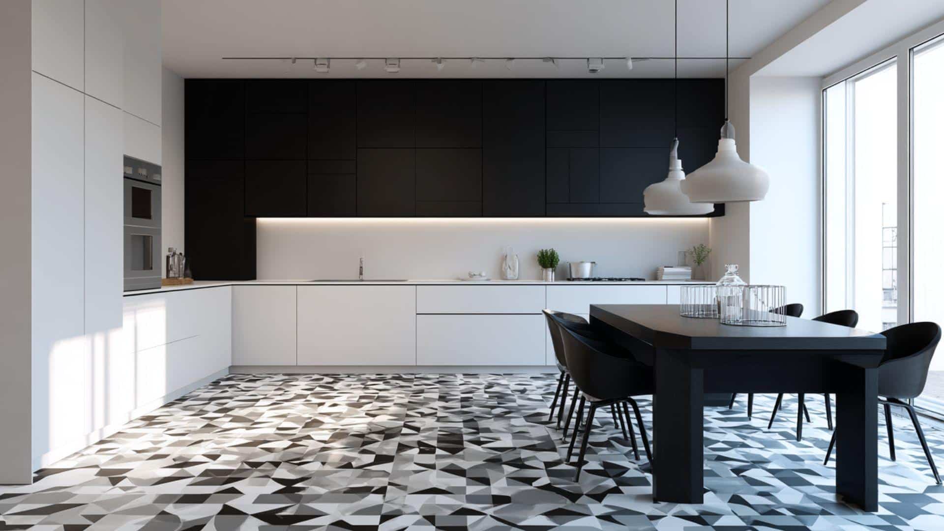 Black and White Kitchen with Geometric Tile Flooring