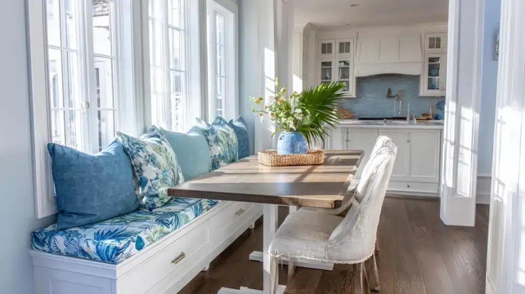 Built-In Bench Seating with Ocean-Inspired Cushions
