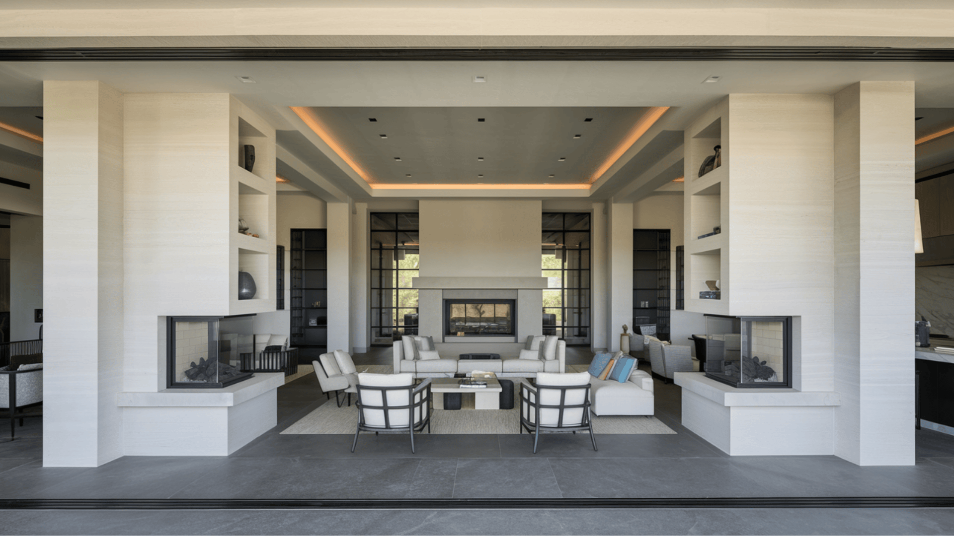 Built-Ins Framing Double-Sided Fireplace