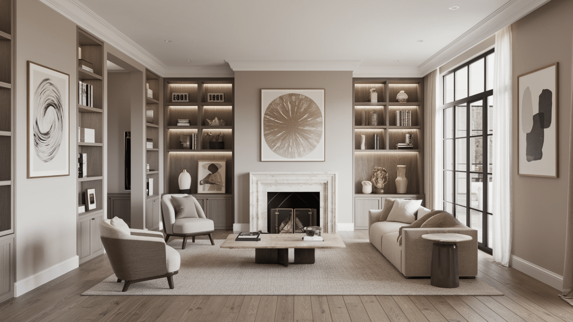 Built-Ins with Artwork Niche Above Fireplace