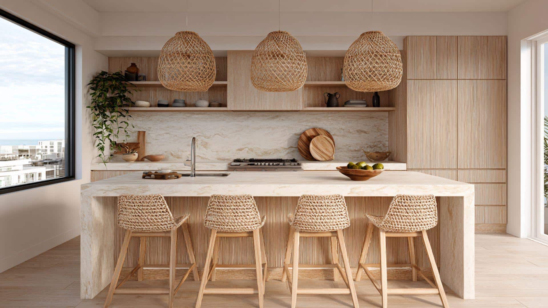 Coastal Minimalist Kitchen with Light Rattan Accents