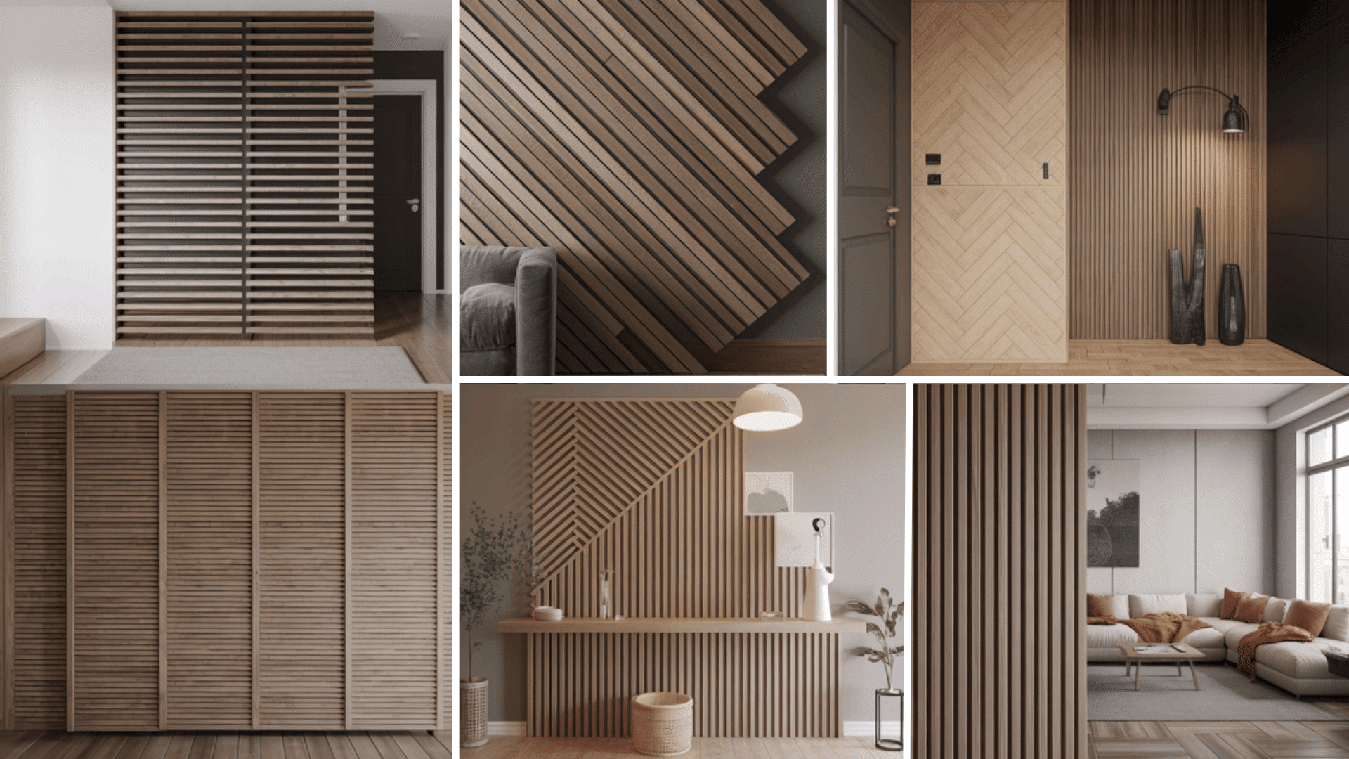 Collage of modern interiors featuring wood paneling, geometric patterns, and minimalist decor in neutral tones.