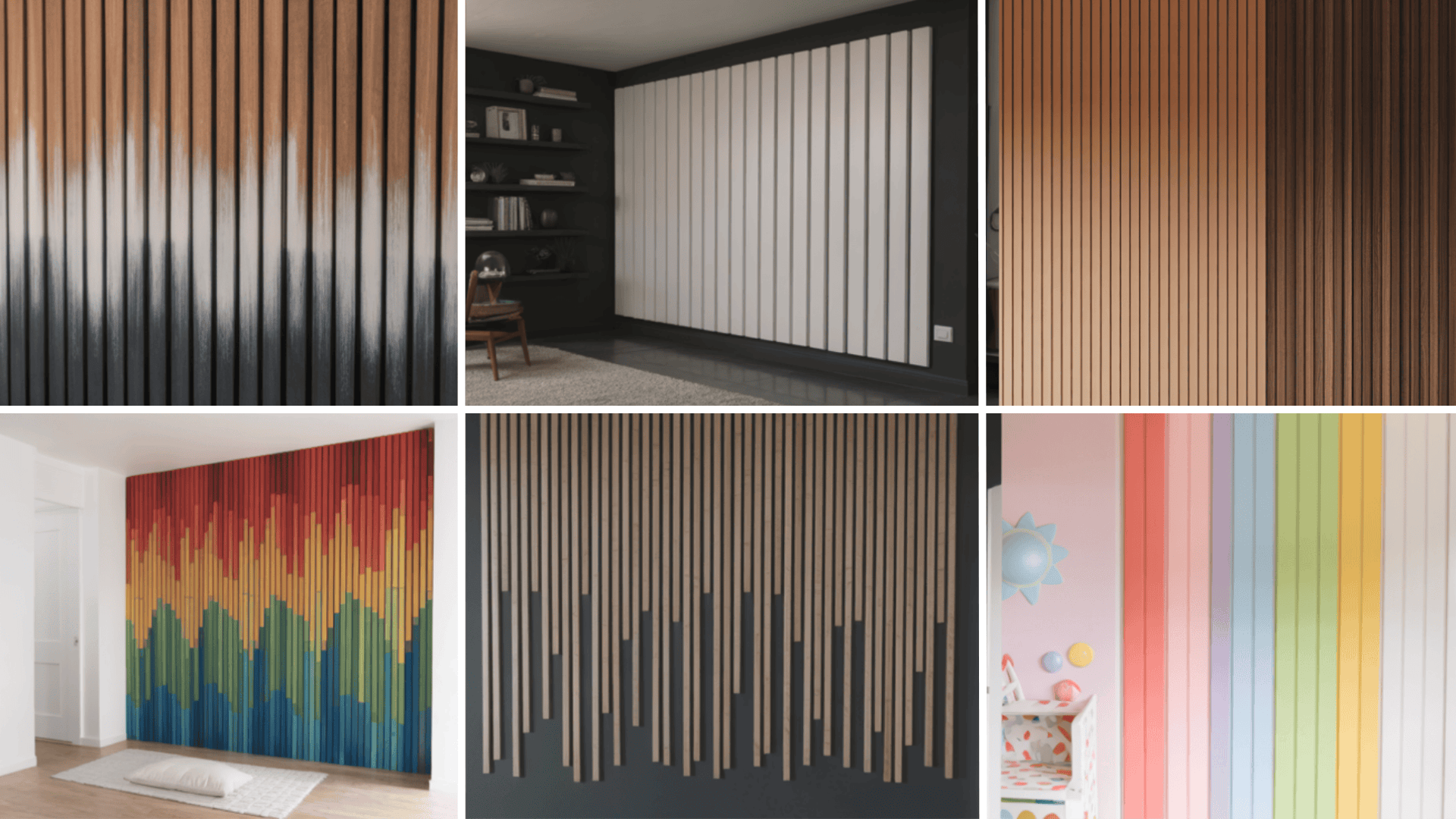 Collage of six decorative wall panels, featuring various colors and patterns, including wood tones, rainbow, and pastel stripes.