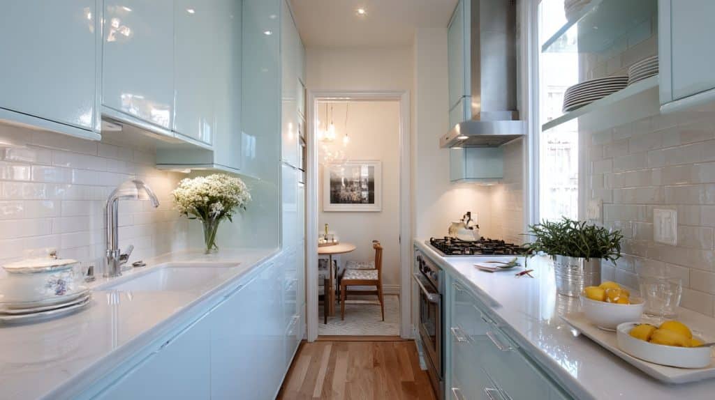Compact Galley Kitchen with Pale Blue Cabinets