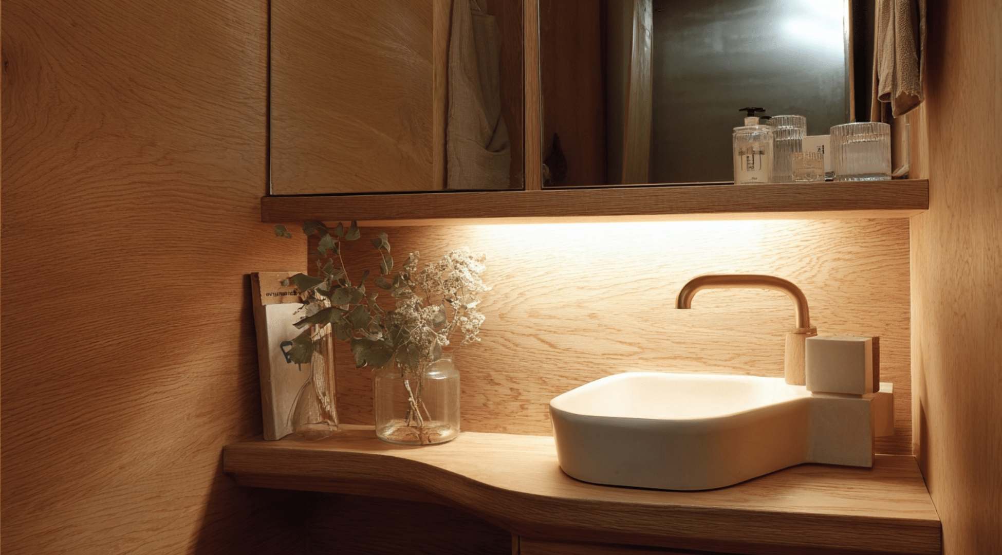 Compact Earthy Vanity in Natural Oak