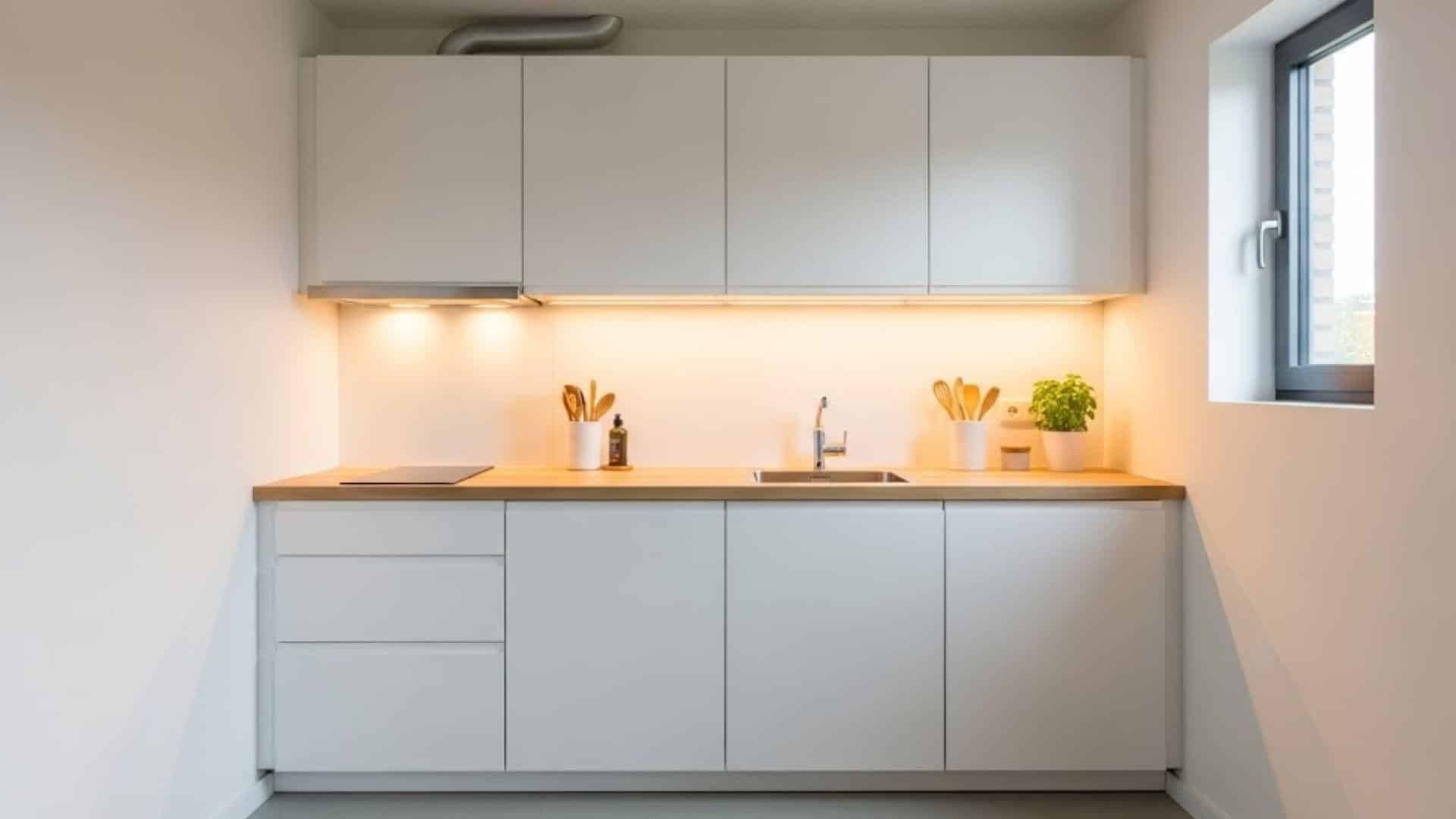 Compact One-Wall Kitchen with Under-Cabinet Lighting