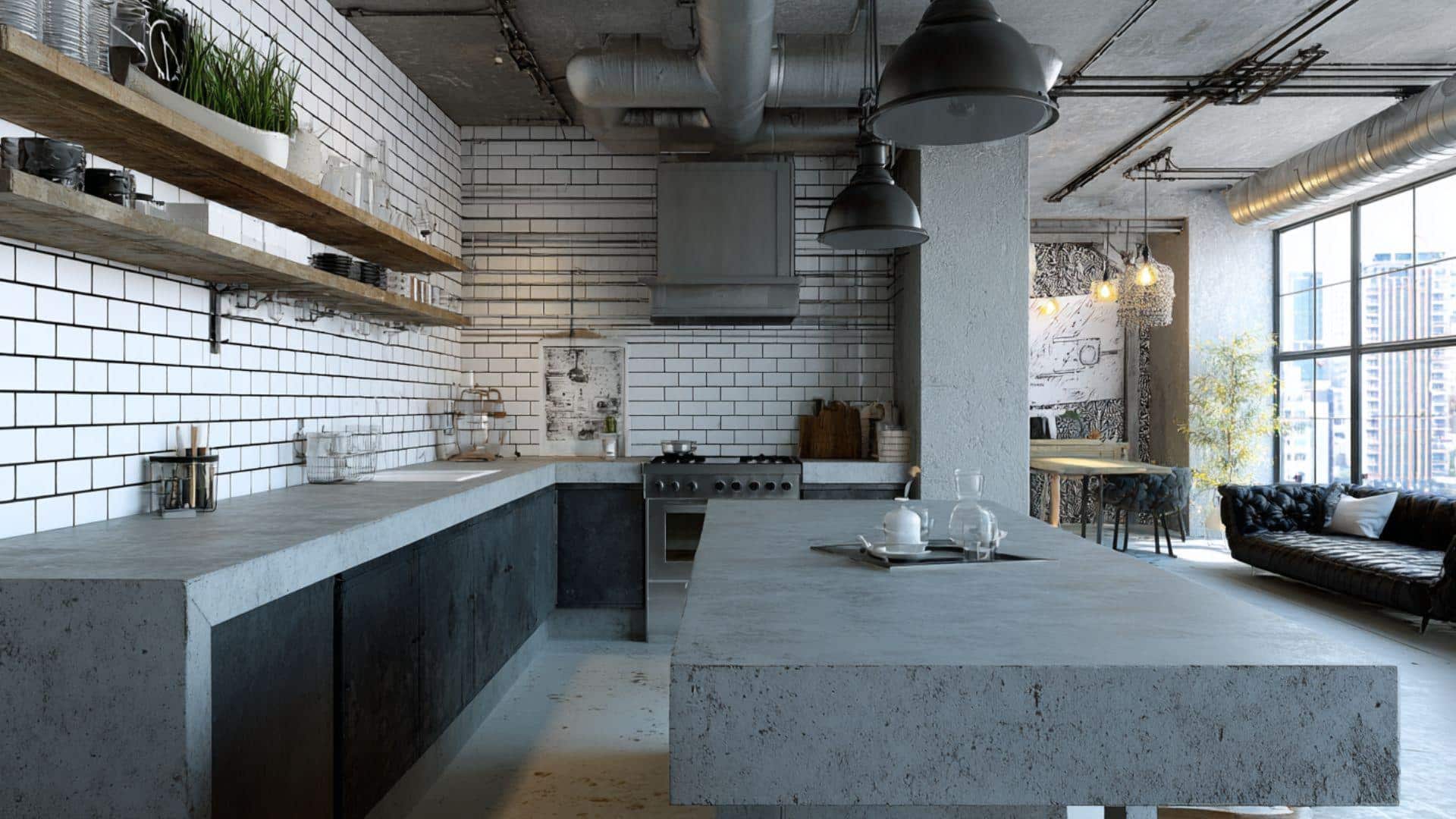 Concrete Countertops Paired with White Subway Tiles