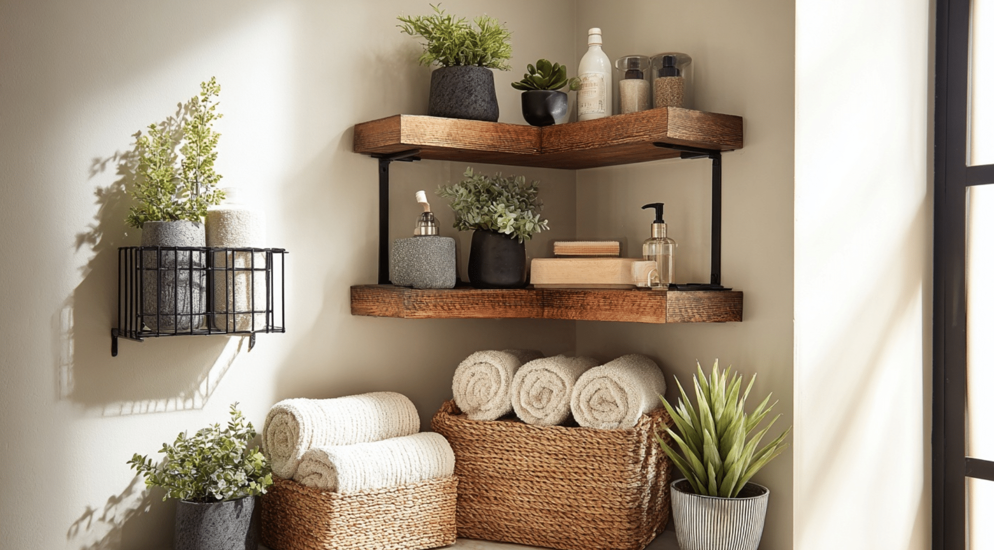 Corner Shelving with Earthy Decor Accents