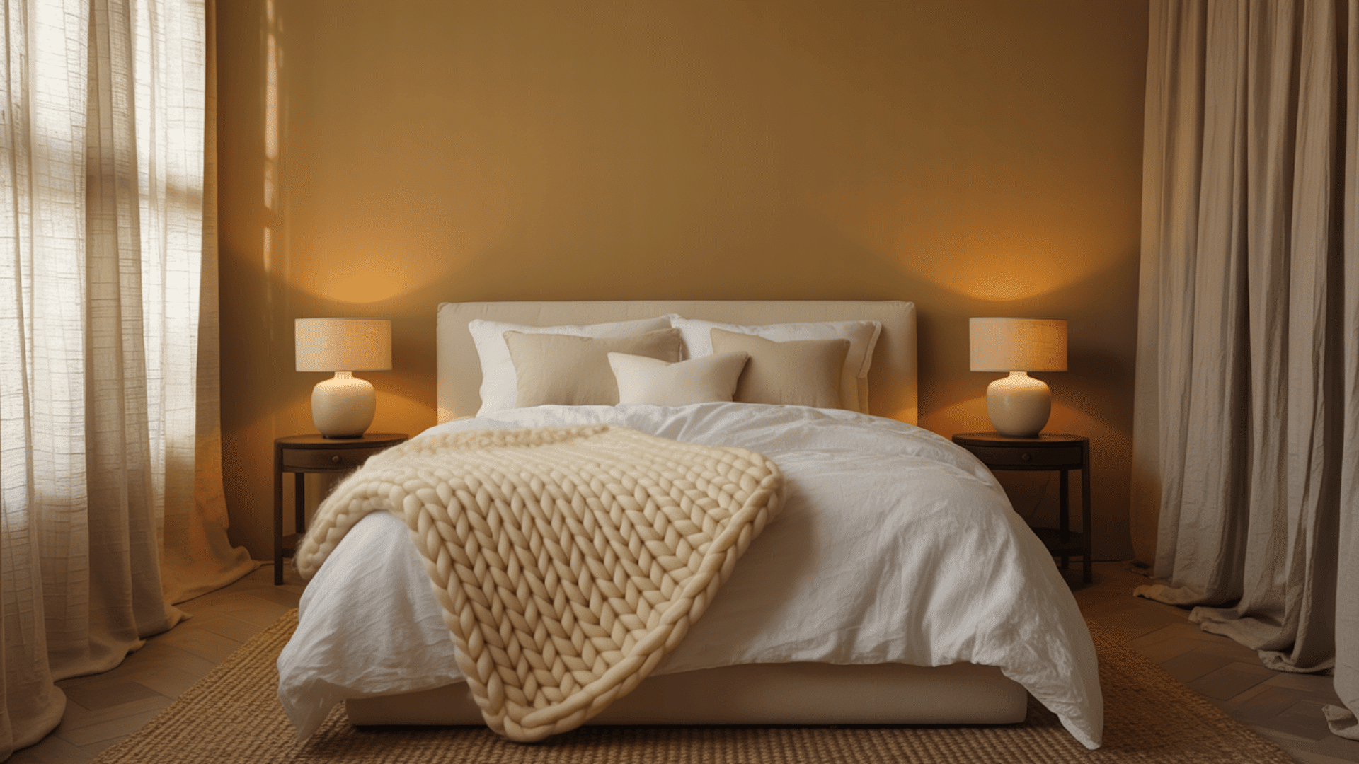 Cozy bedroom with a beige bed, chunky knit blanket, and warm lighting from bedside lamps, creating a serene, inviting atmosphere.