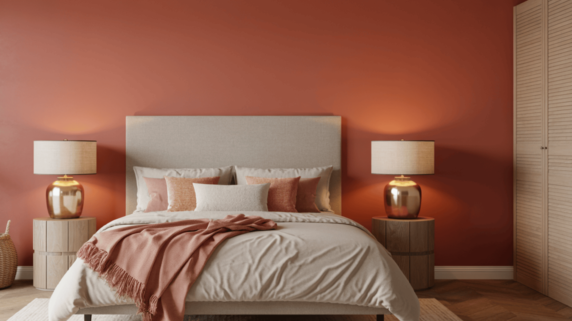 Cozy bedroom with a beige bed, coral pillows, and lamps on wooden nightstands against a warm terracotta wall.