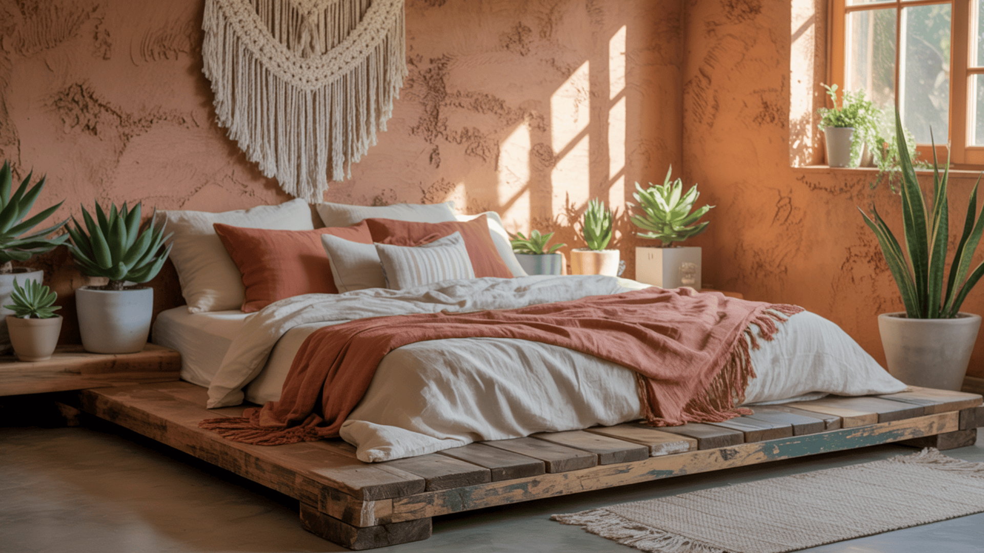 Cozy bedroom with a rustic wooden bed, terracotta walls, macramé art, and potted plants basking in sunlight from a window.