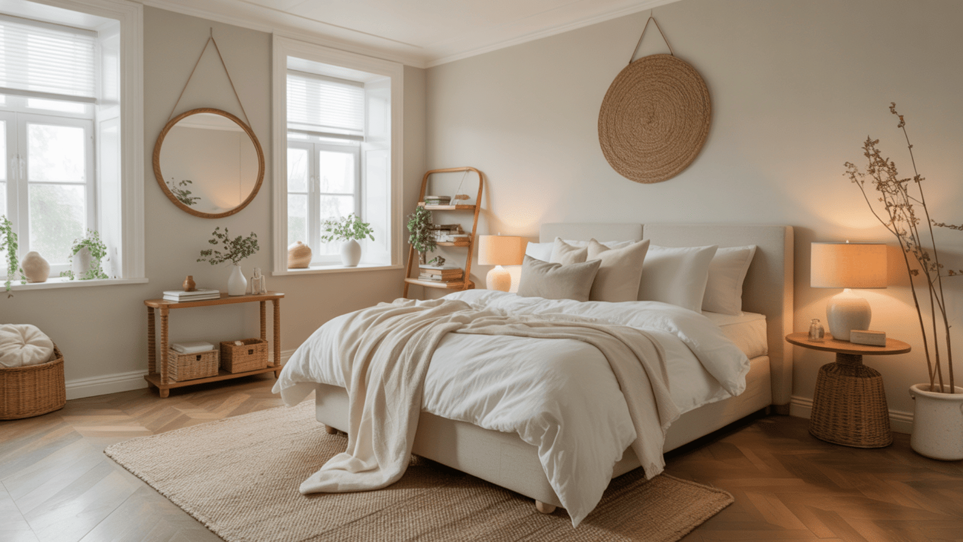 Cozy bedroom with a white bed, beige decor, plants, round mirror, and soft lighting, creating a serene, inviting atmosphere.