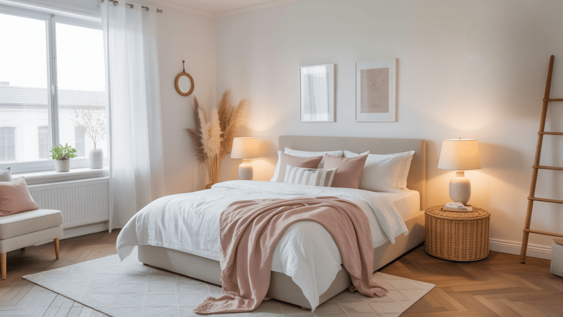Cozy bedroom with a white bed, pink throw, and pillows. Soft lighting from lamps, pampas grass, and framed art create warmth.