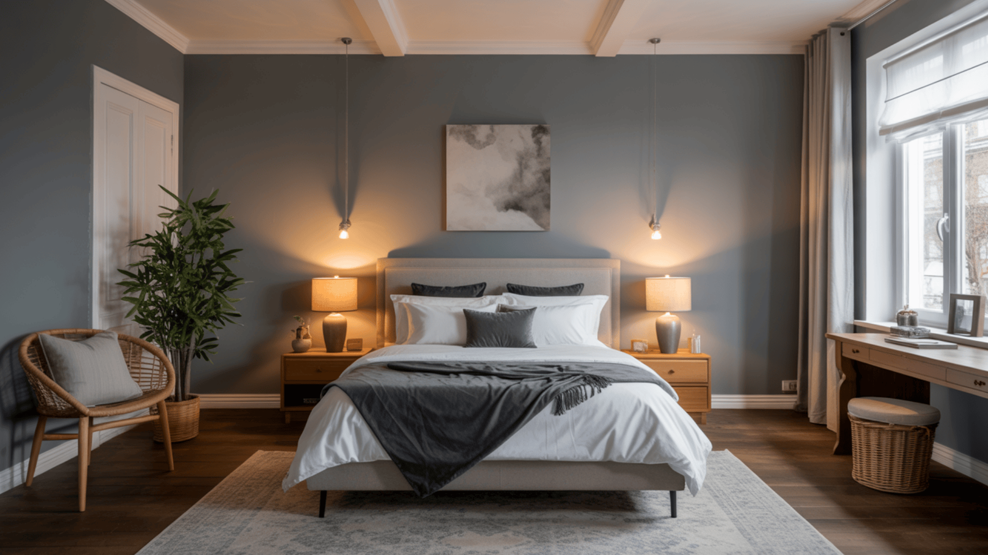 Cozy bedroom with gray walls, a bed with white linens, wooden furniture, soft lighting, and a large window with curtains.