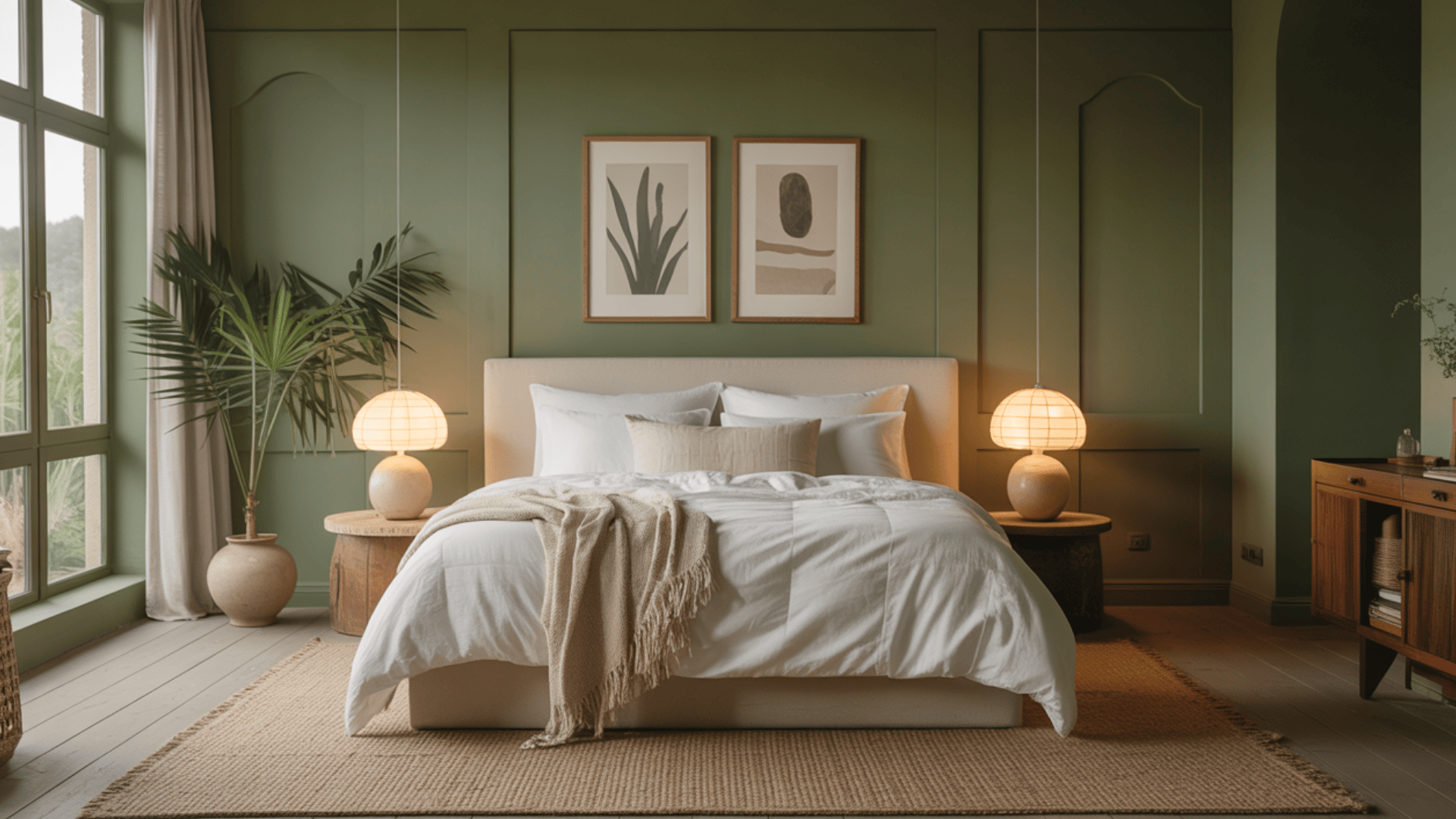 Cozy bedroom with green walls, white bed, warm lighting, and plants. Two framed artworks hang above the bed, enhancing decor.