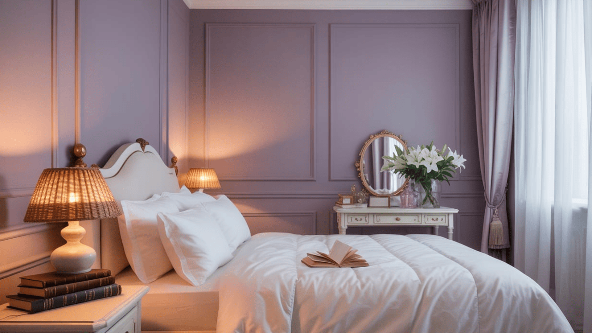 Cozy bedroom with purple walls, a white bed, wicker lamps, and a vanity with lilies, creating a serene, elegant atmosphere.