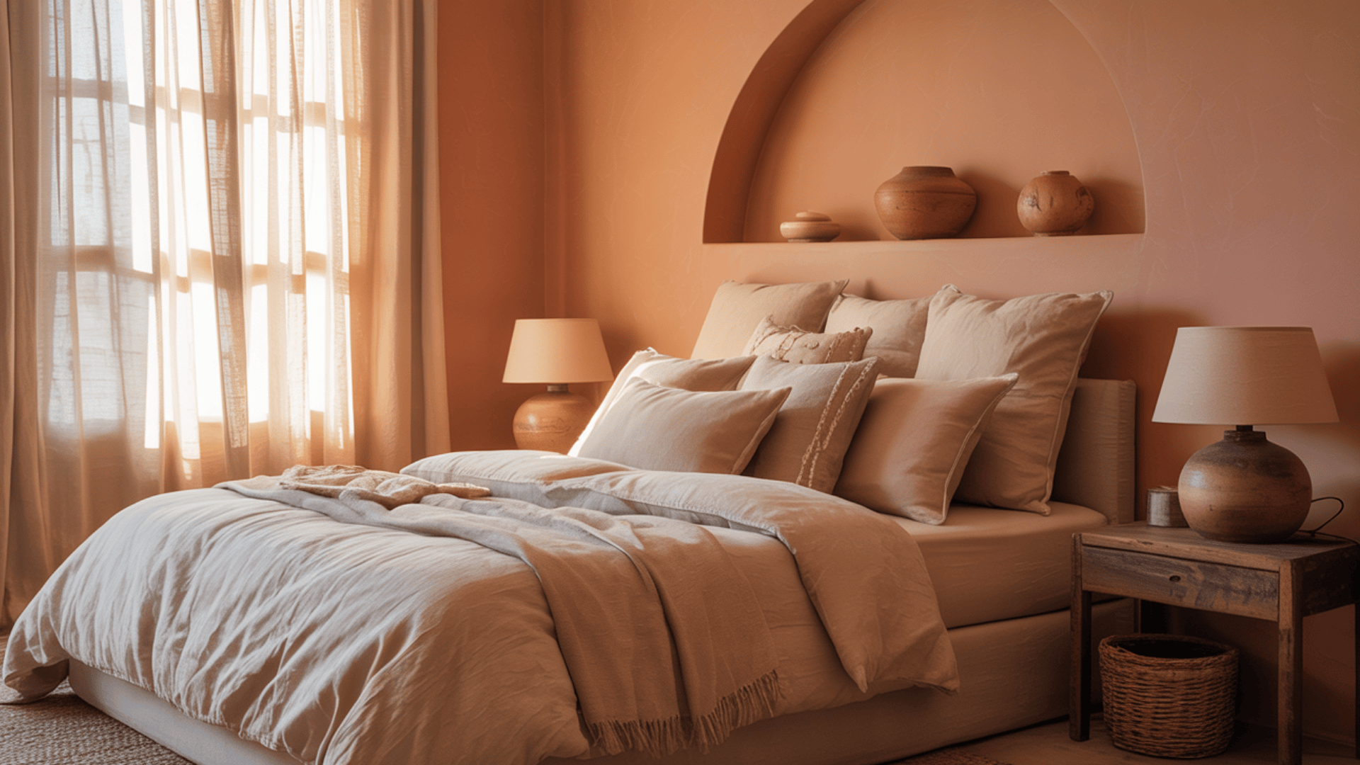 Cozy bedroom with terracotta walls, soft bedding, and warm sunlight through curtains. Rustic lamps and pottery add charm.
