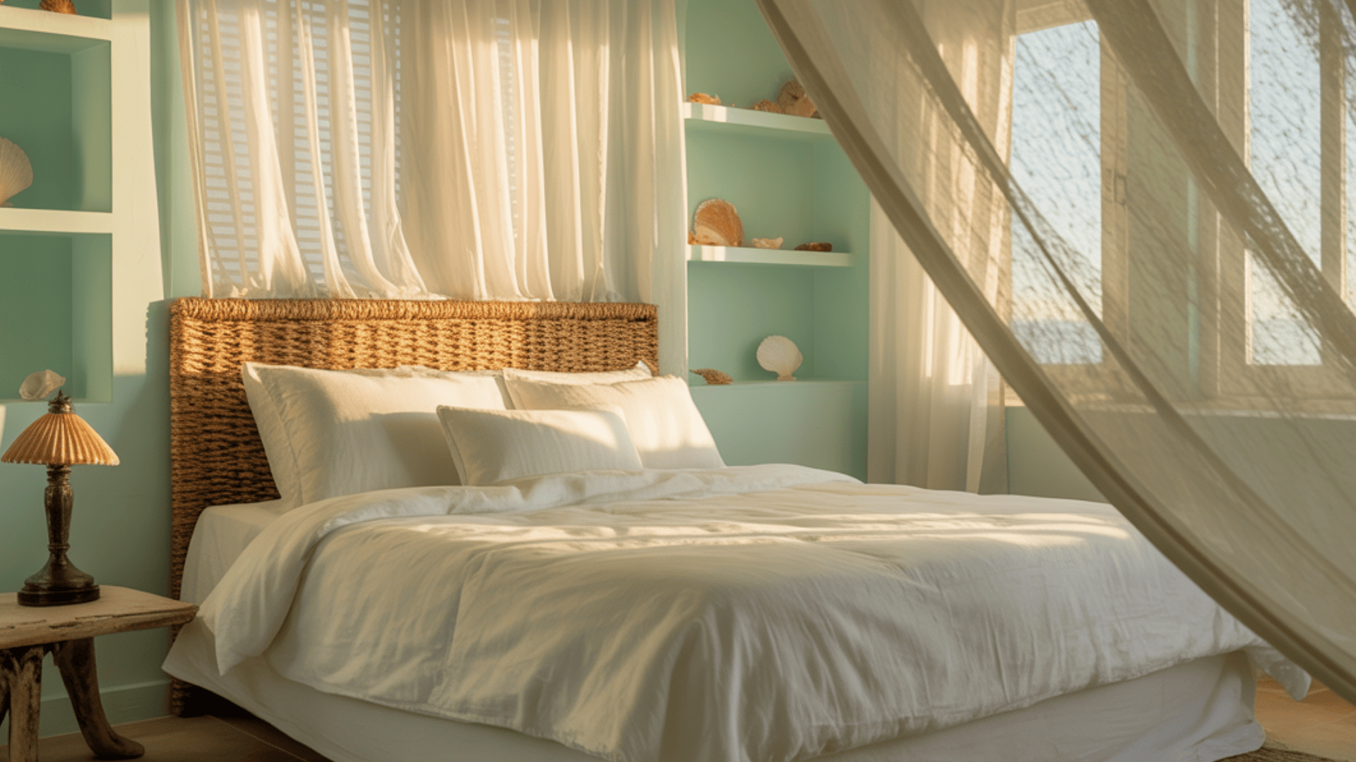 Cozy bedroom with wicker headboard, white bedding, and sunlight streaming through sheer curtains, creating a serene atmosphere.