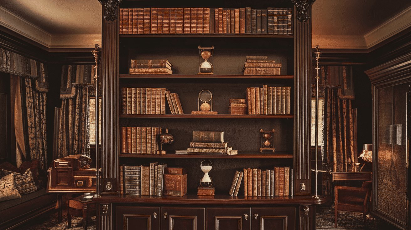 Dark Wood Bookshelf With Brass Accents