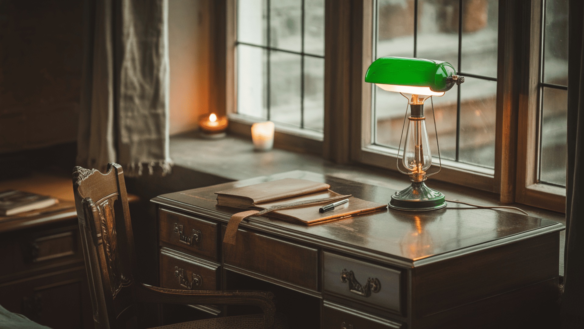 Desk by the Window With Green Reading Lamp