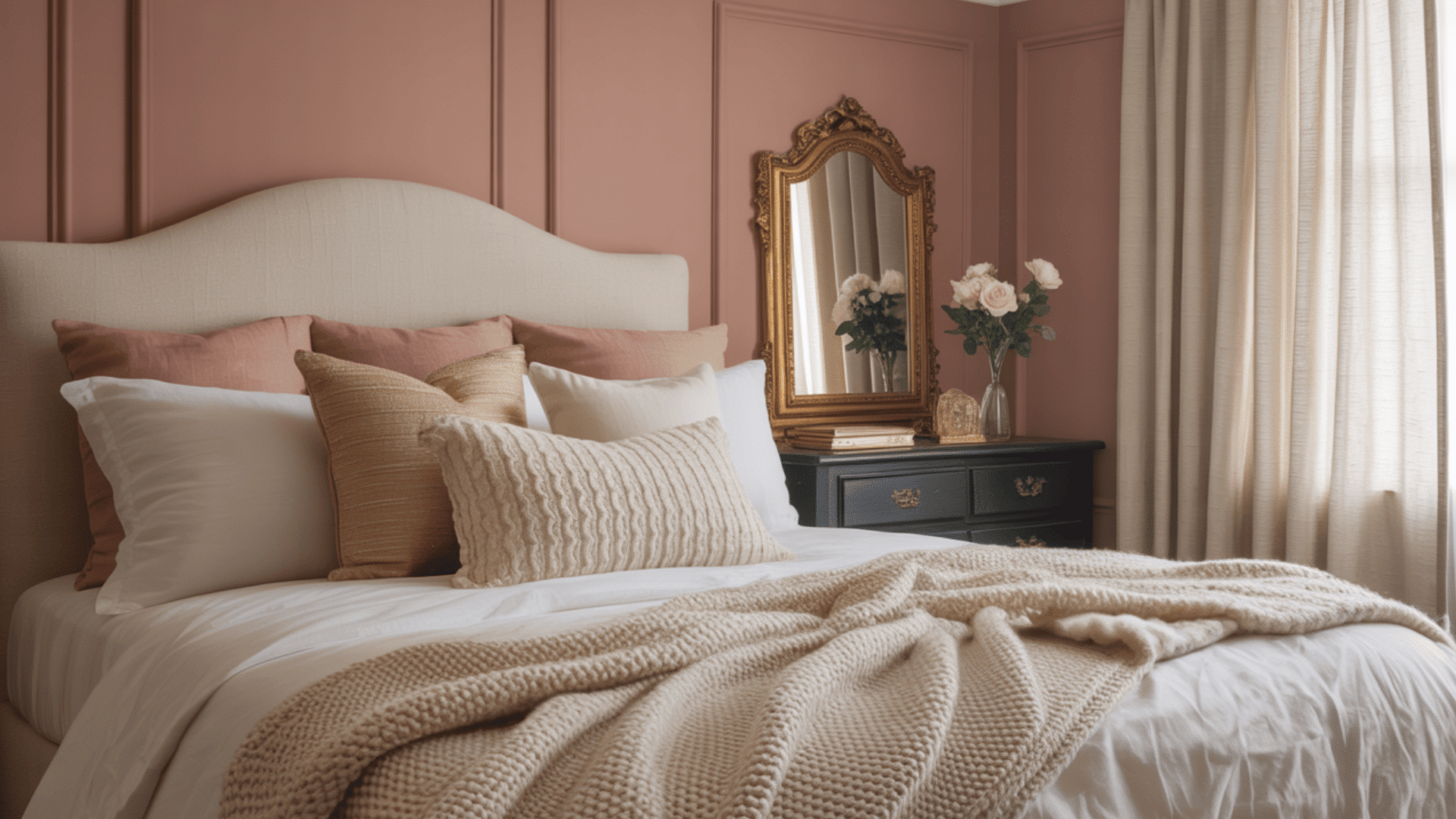 Elegant bedroom with a beige bed, pink pillows, knit blanket, ornate mirror, and roses on a black dresser against a pink wall.