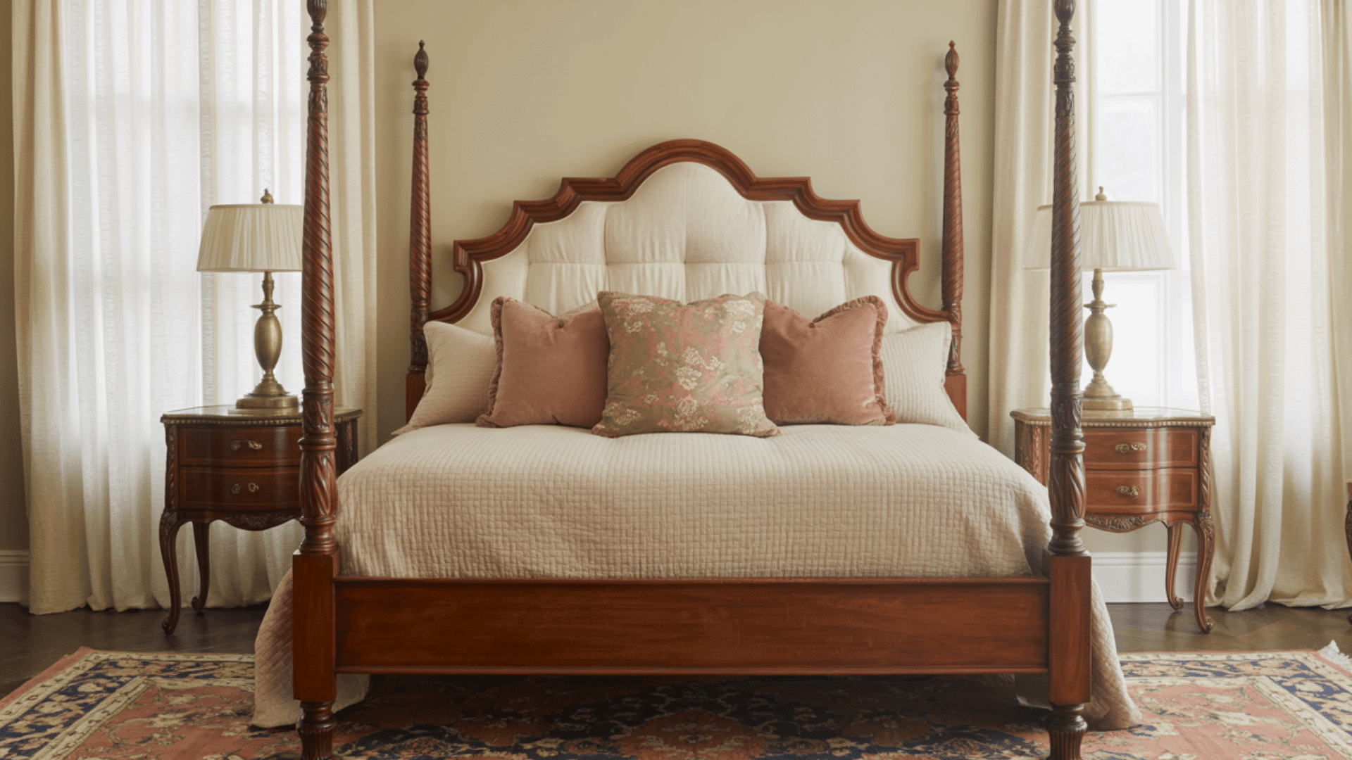 Elegant bedroom with a four-poster bed, floral pillows, wooden nightstands, and soft curtains, creating a cozy, classic ambiance.