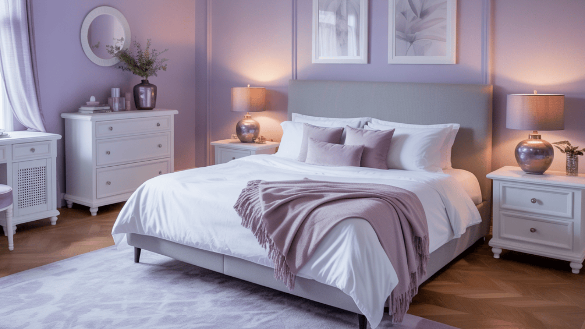 Elegant bedroom with lavender walls, white bed, and soft lighting. Cozy decor includes pillows, lamps, and a plush rug.
