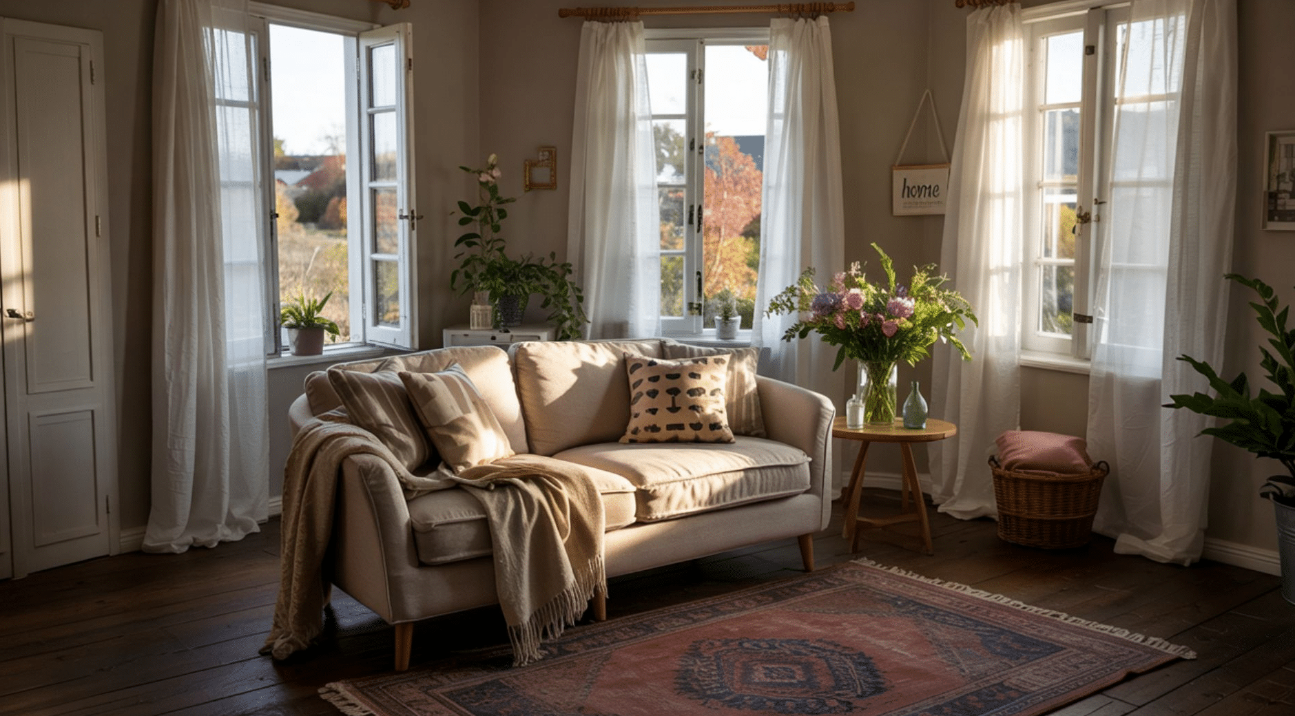 Cozy living room with a beige sofa, patterned pillows, plants, and sunlight streaming through open windows onto a rug.