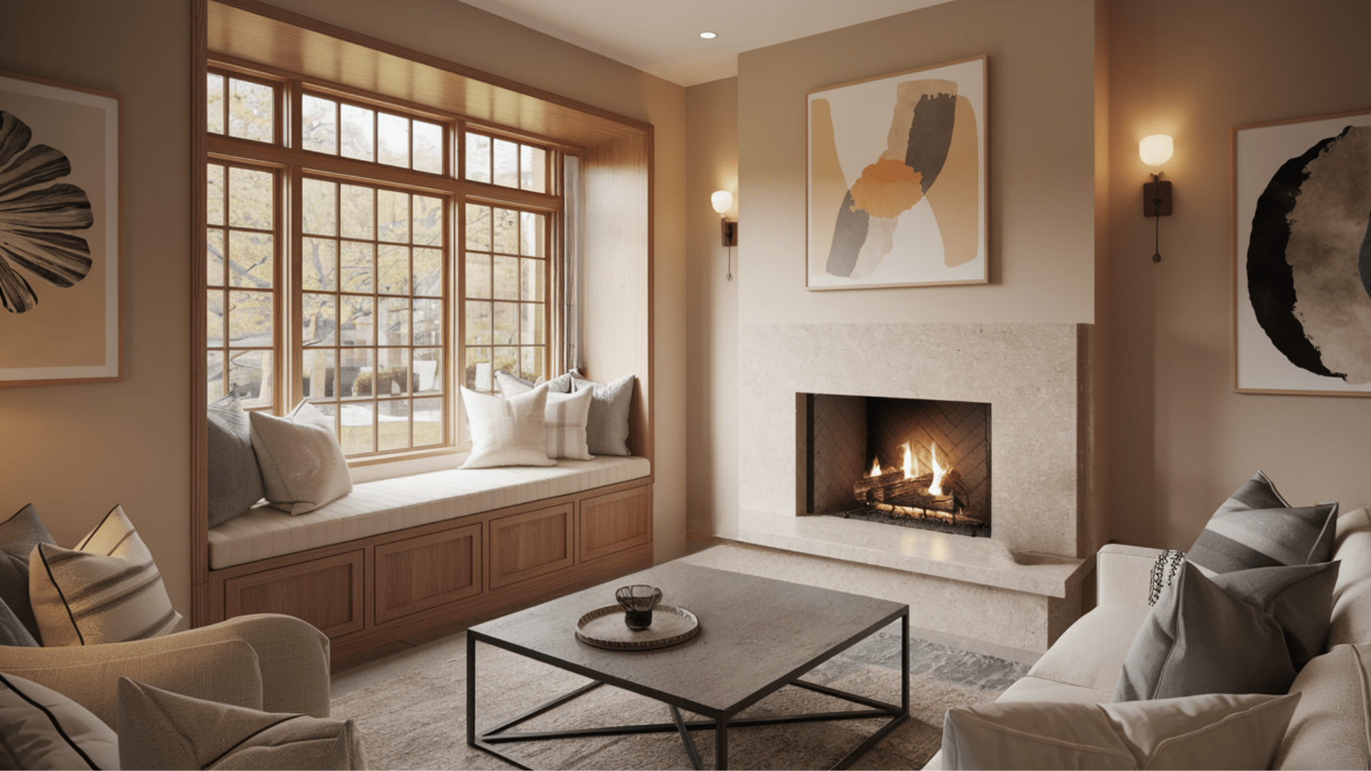 Fireplace with Built-In Window Seating