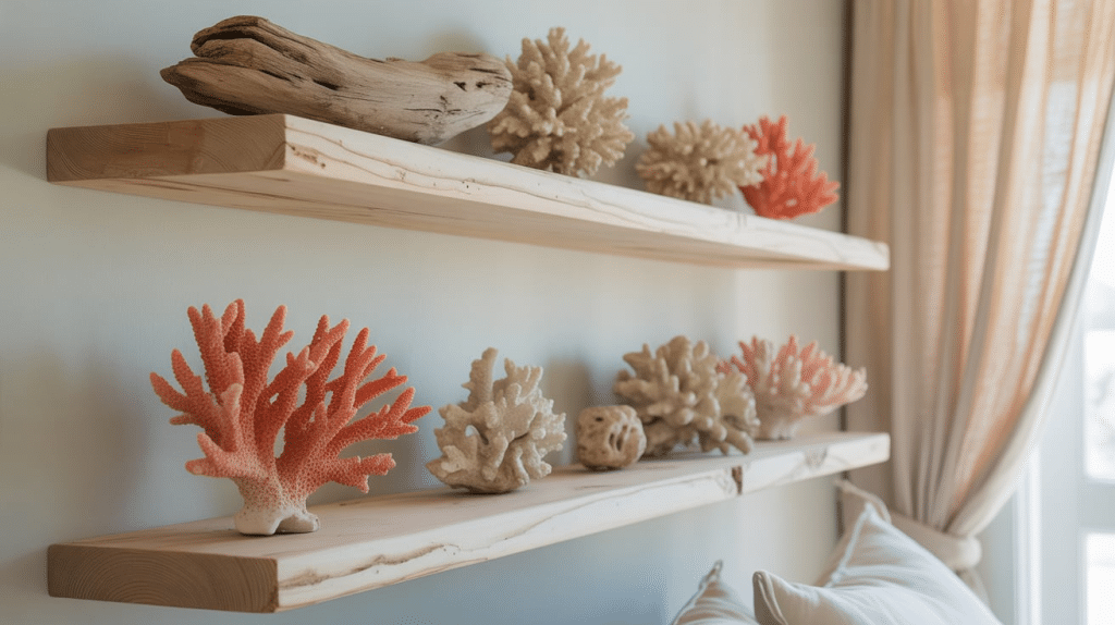 Floating Shelves with Driftwood or Coral Accents
