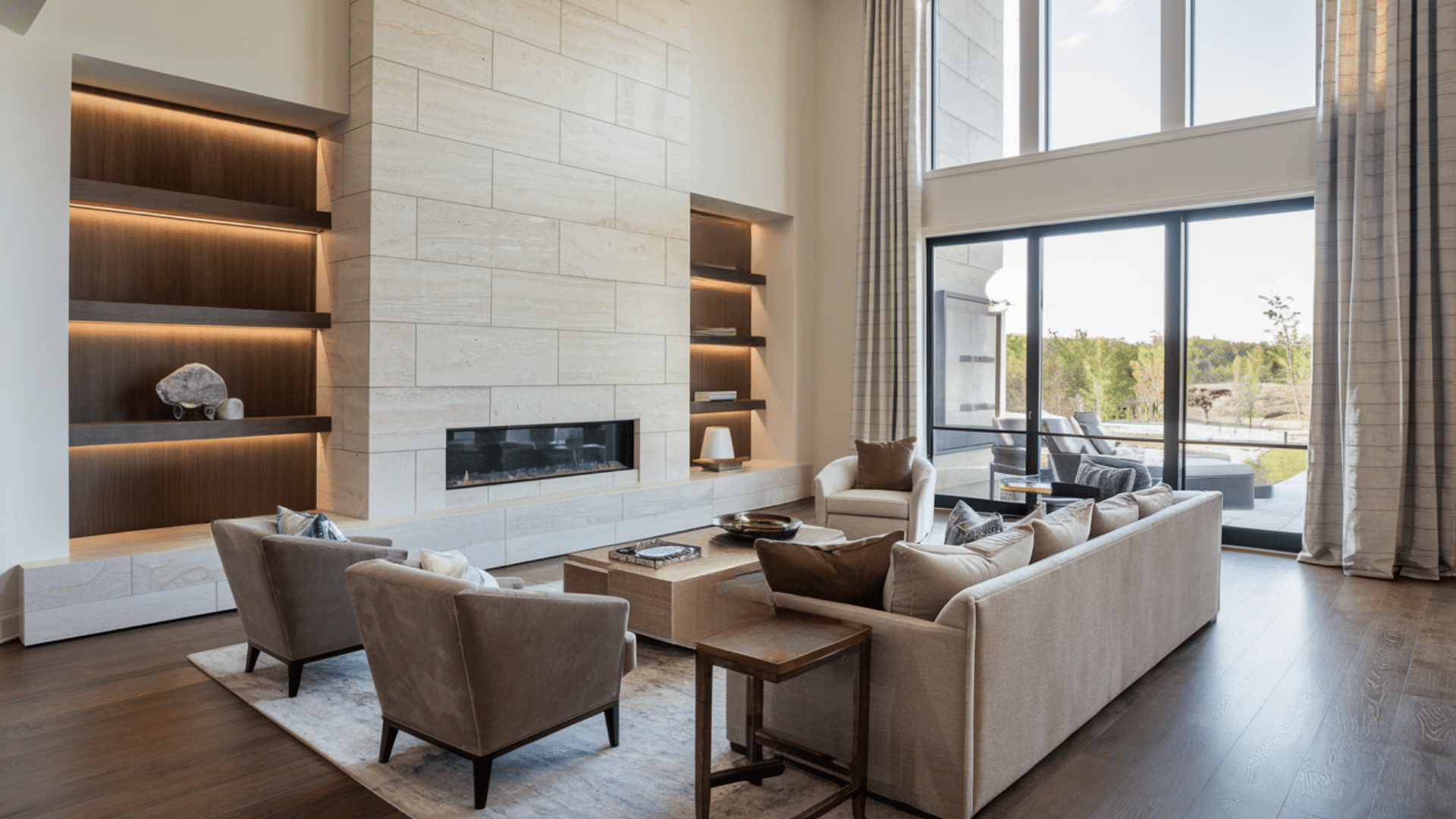 Floor-to-Ceiling Tile Surround with Side Built-Ins