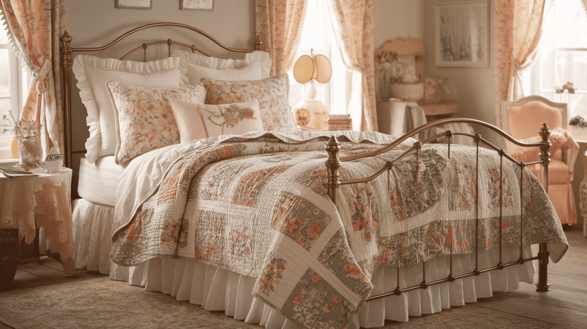 Floral Patchwork Quilt and Ruffled Bedding